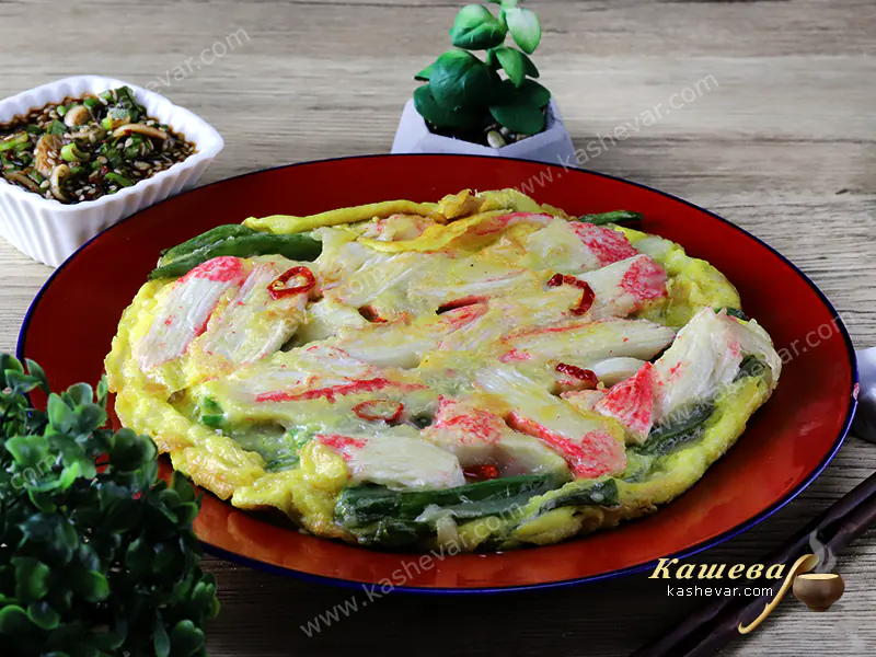 Pancake with crab sticks and green onions - recipe with photo, Korean cuisine