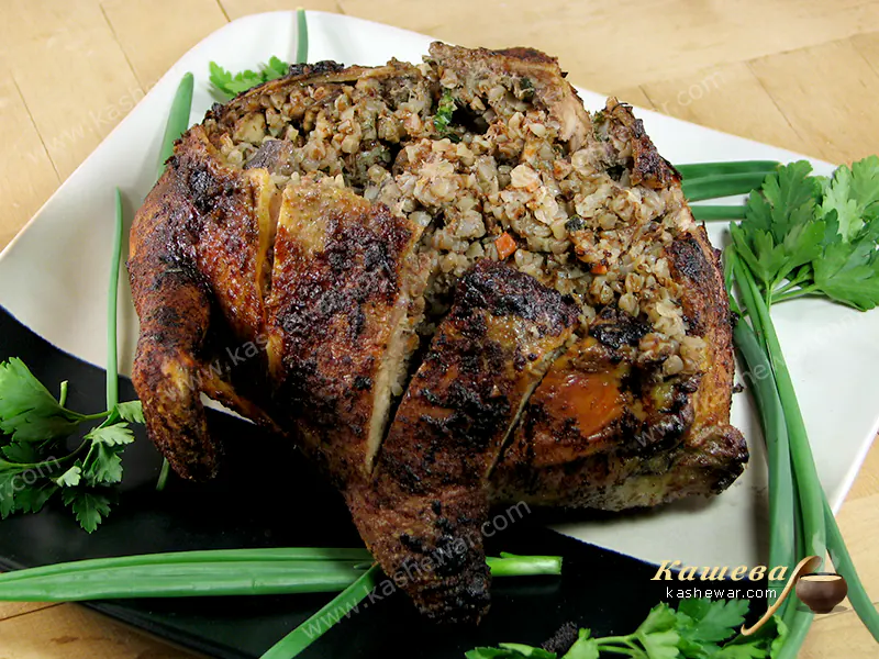 Buckwheat and mushrooms stuffed chicken - recipe with photo, main courses