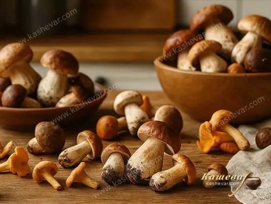Свіжі лісові гриби на кухонному столі