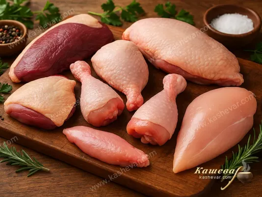 Разные виды мяса птицы на разделочной доске