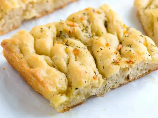 Aromatic focaccia with a porous structure and golden crust