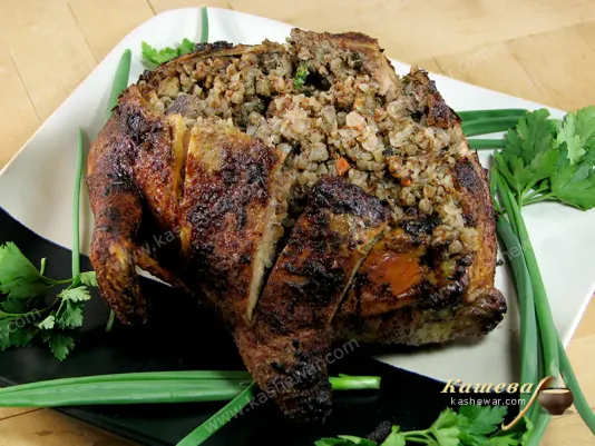 Buckwheat and mushrooms stuffed chicken - recipe with photo, main courses