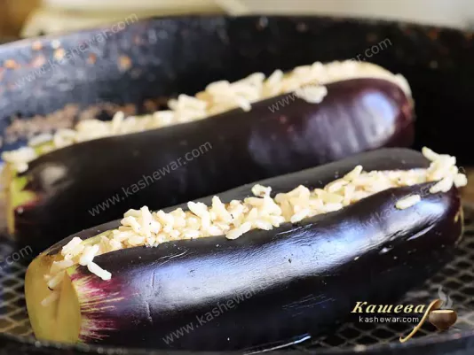 Stuffed eggplant in a pan
