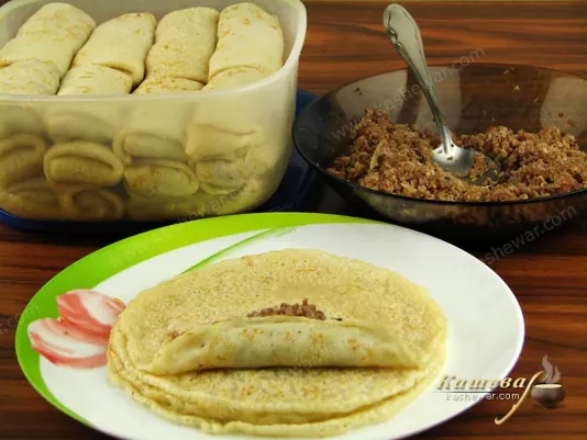 Put ready-made pancakes in a container, and fry before serving