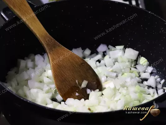 Finely chopped onion in a pan