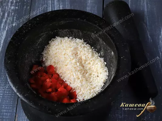 Hot pepper and coconut in a mortar
