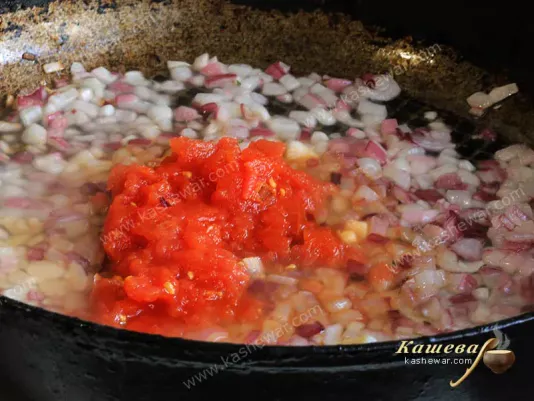 Tomatoes with onions in a pan