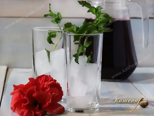 Ice in glasses and mint sprigs
