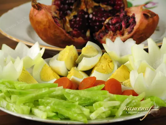 Boil the eggs separately, and cut the green radish