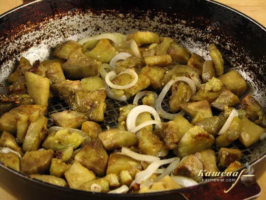 Sauteed eggplant and onions for salad
