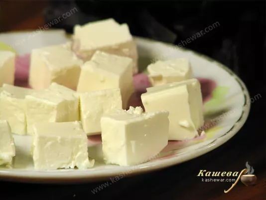 Sliced feta cheese for skewers