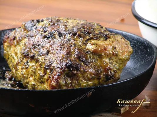 Ready roasted pork in a mustard crust