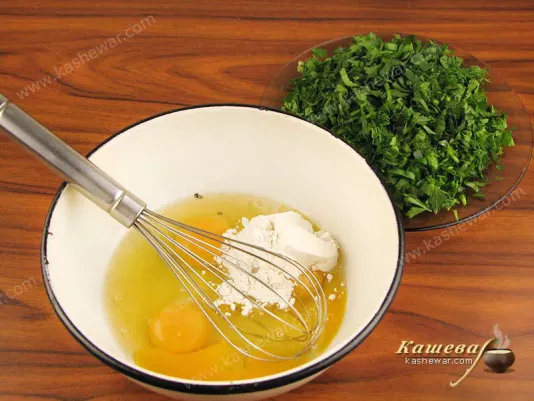 Beat eggs with flour, salt and pepper